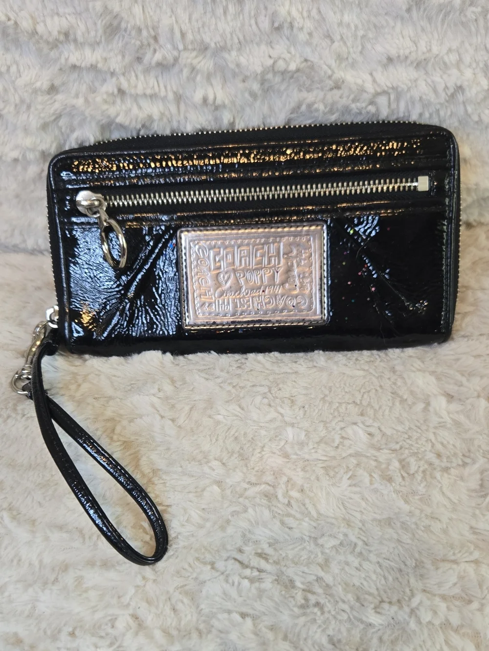Coach Black Patent Poppy Leather Clutch with Silver Logo Plate